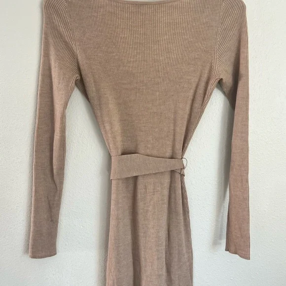 Babaton Ribbed V-Neck Tie-Waist Long Sleeve Dress - Beige - Picture 6 of 11